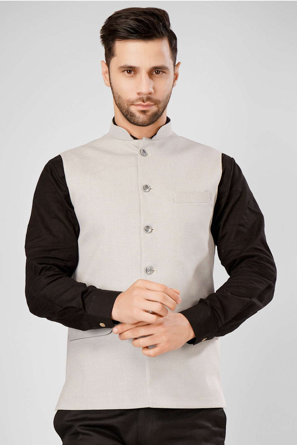 Polyester Cotton White Nehru Jacket - Main Image