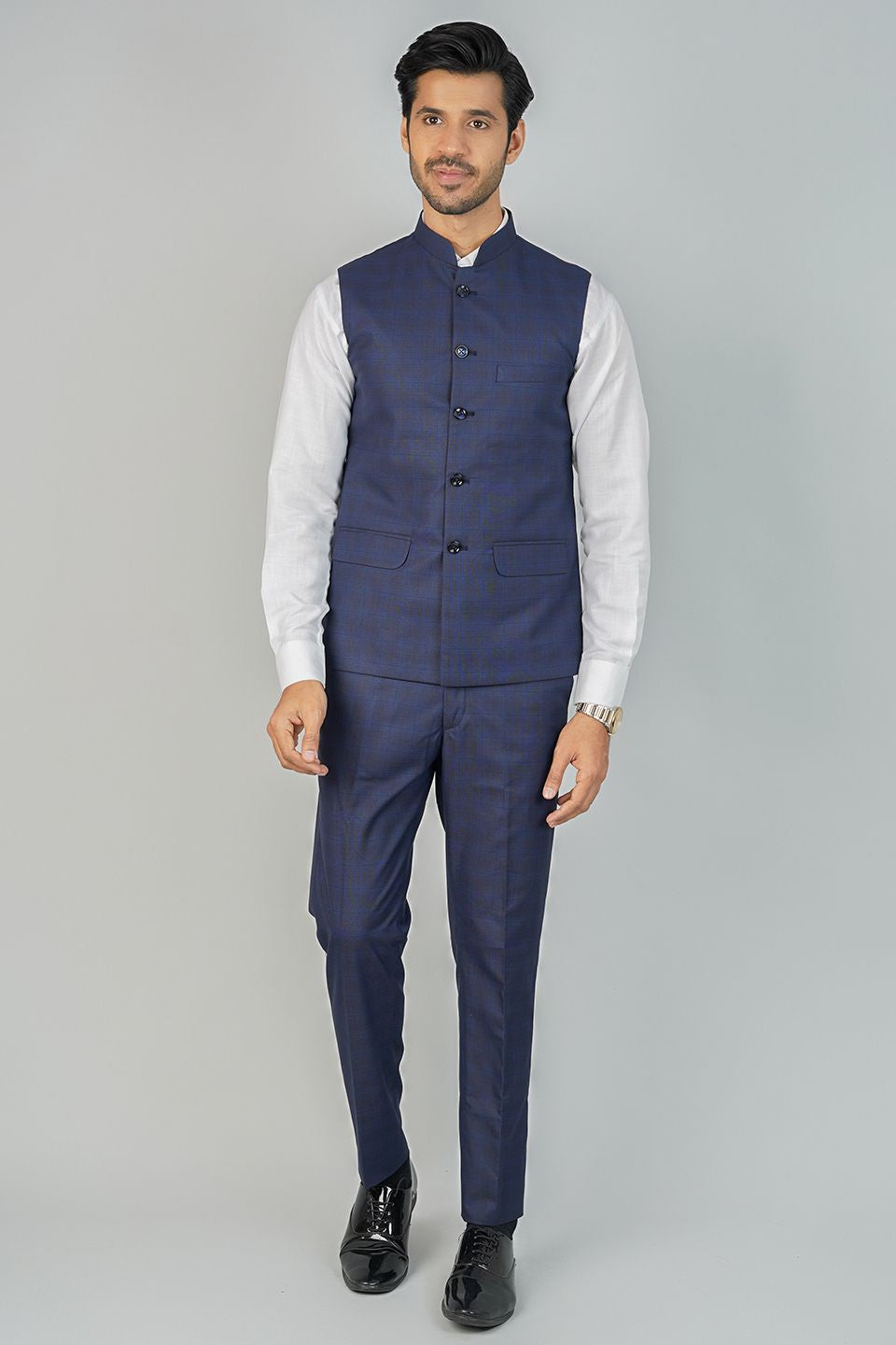 Buy Wintage Men's Poly Viscose Blue Vest and Trouser Set