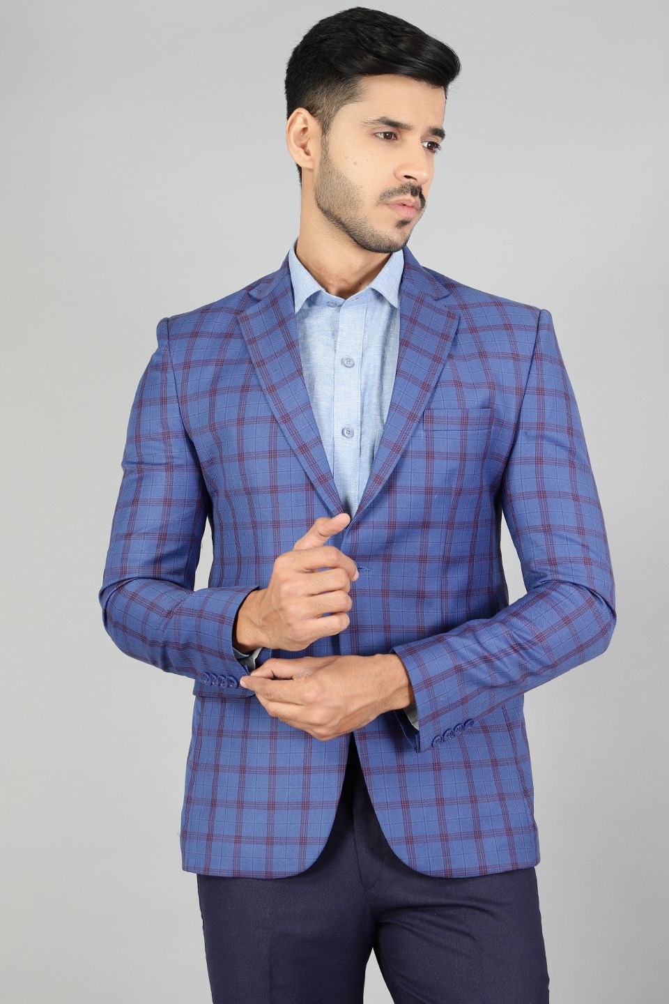 Light Blue Blue Colour Check Blazer Check Shirt And Blazer Men
