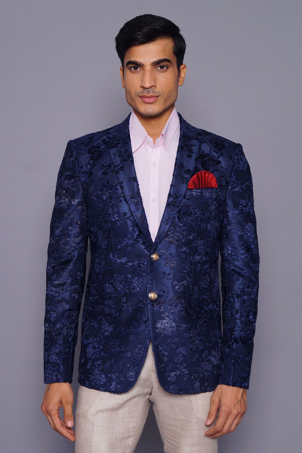 Wintage Men's Embroidered Velvet Coat Blazer Jacket: Blue