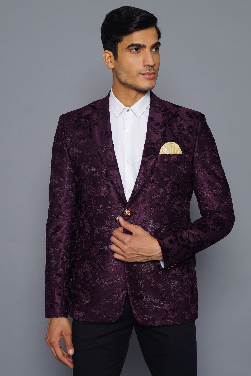 Purple Printed Velvet Blazer Mens Wintage Men's Embroidered Velvet