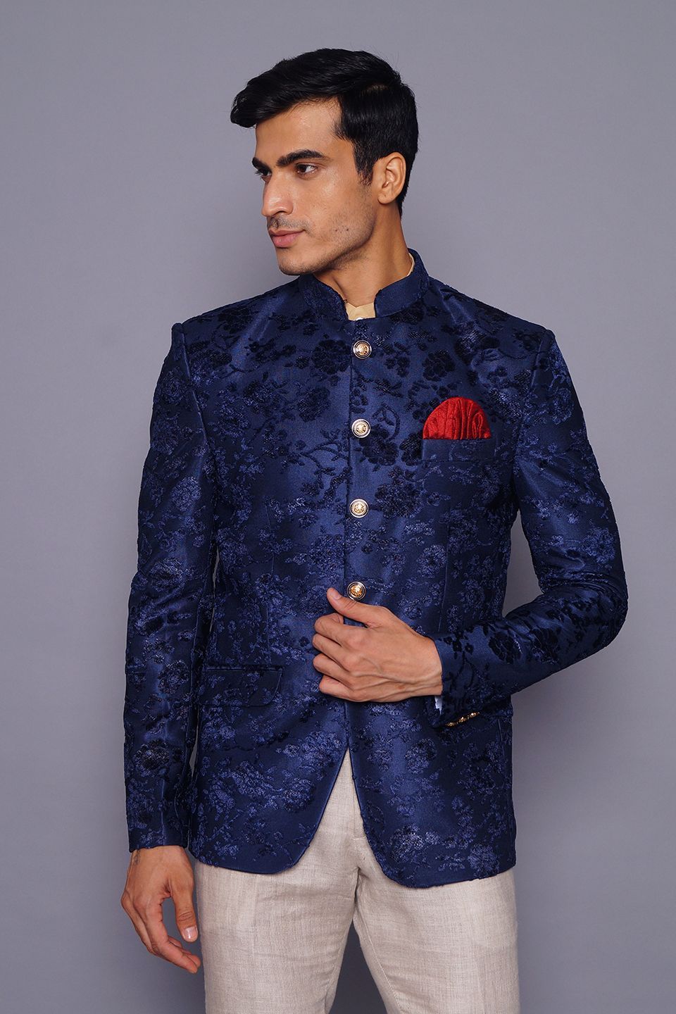 Wintage Men's Embroidered Velvet Party/Festive Indian Jodhpuri Grandad Bandhgala Blazer Blue