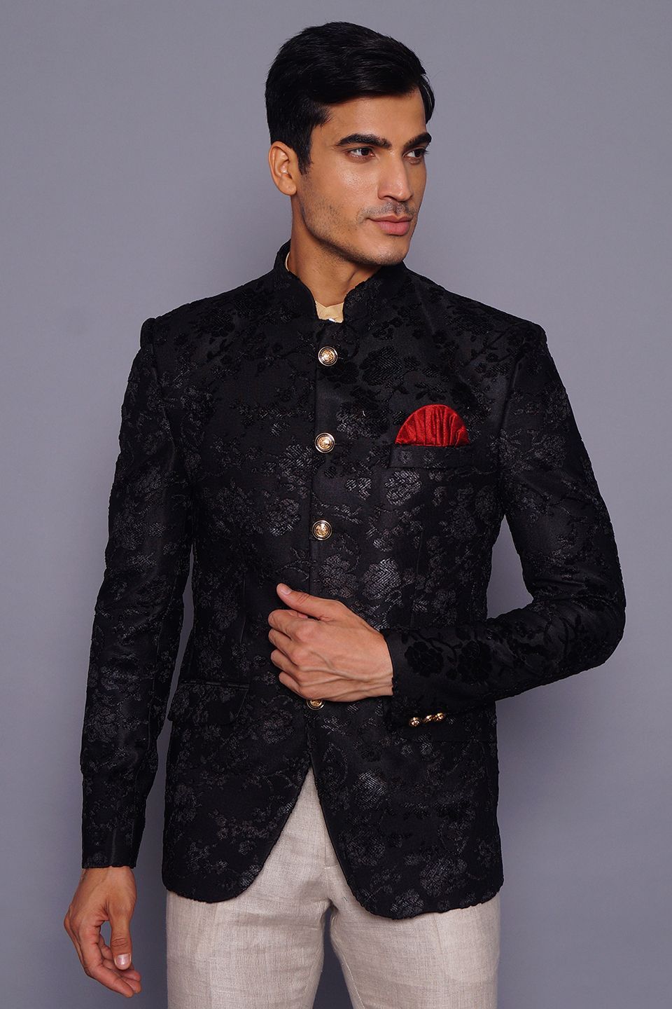 Wintage Men's Embroidered Velvet Party/Festive Indian Jodhpuri Grandad Bandhgala Blazer Black