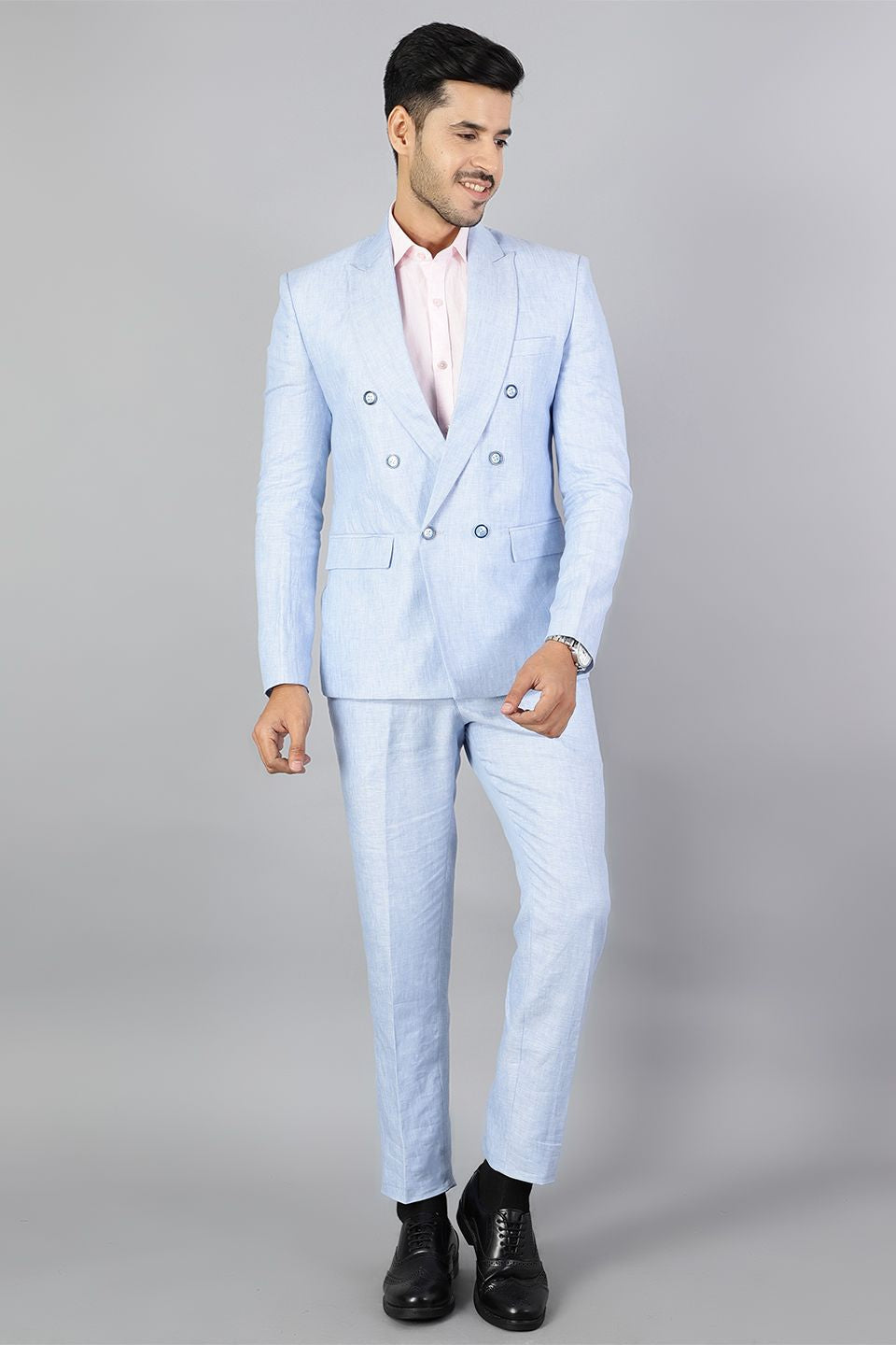 Double-Breasted Linen Sky Blue Suit