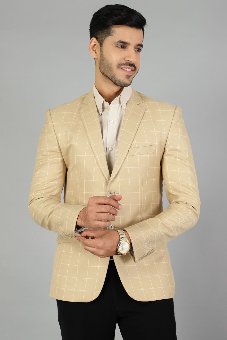 Buy Poly Viscose Checkered Gold Blazer From WINTAGE Online