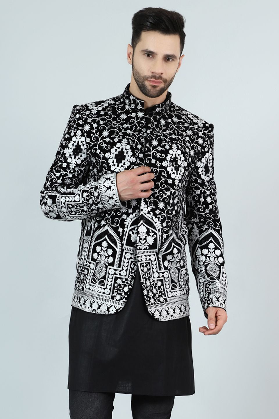 Black velvet sequin stripe bandhgala main image 1