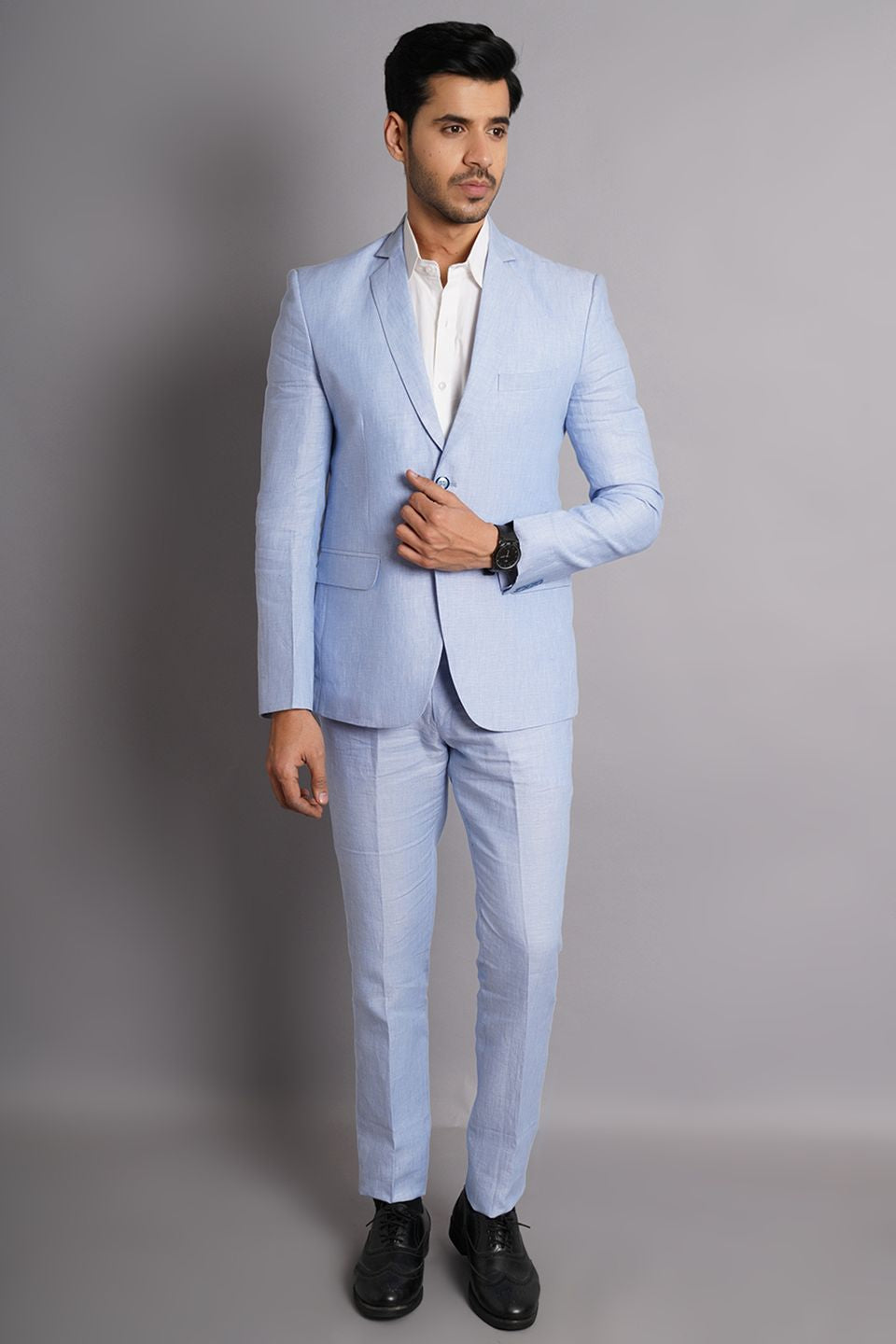 Pure Linen Sky Blue Suit - Main Image