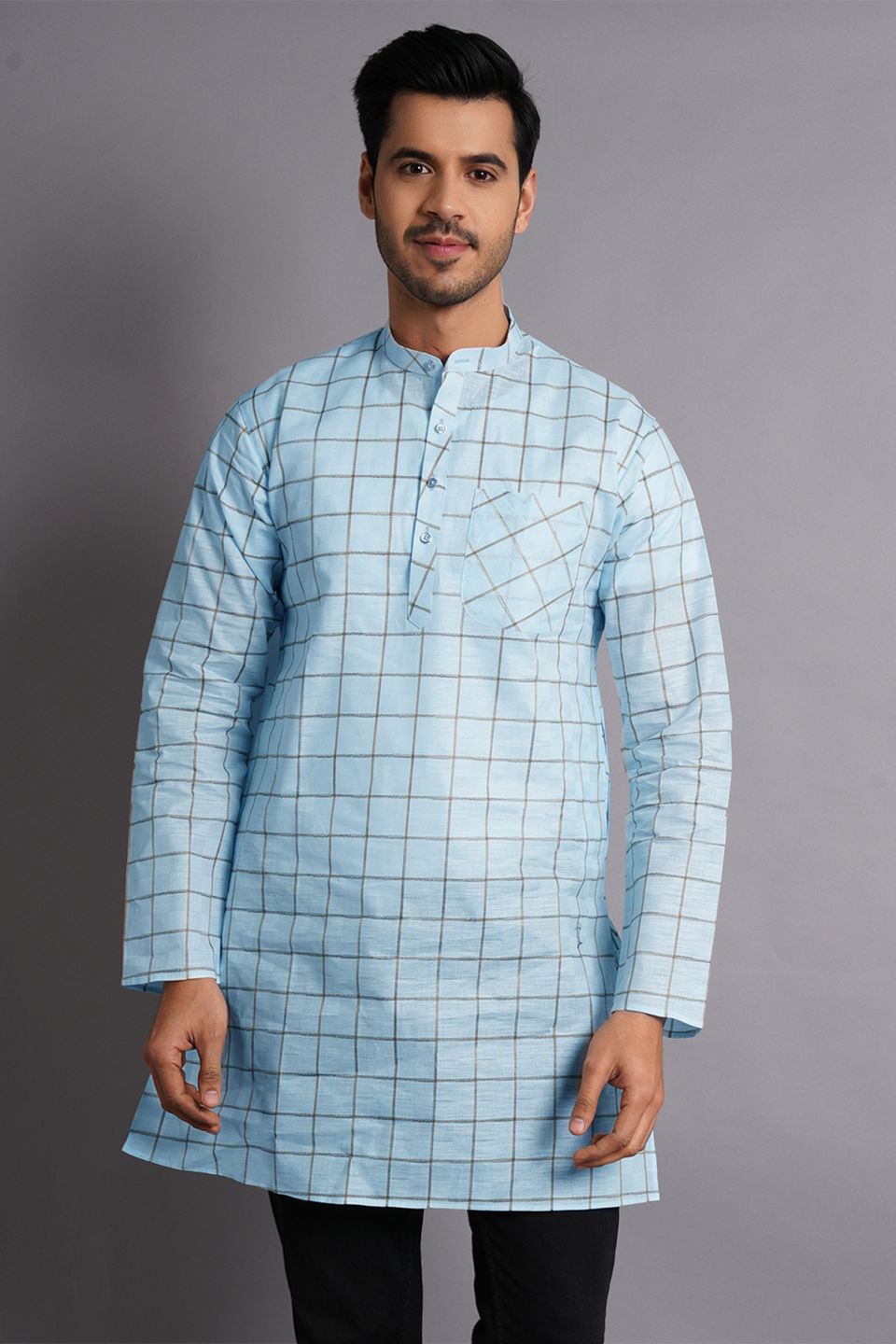Blue Round Neck Checkered kurta