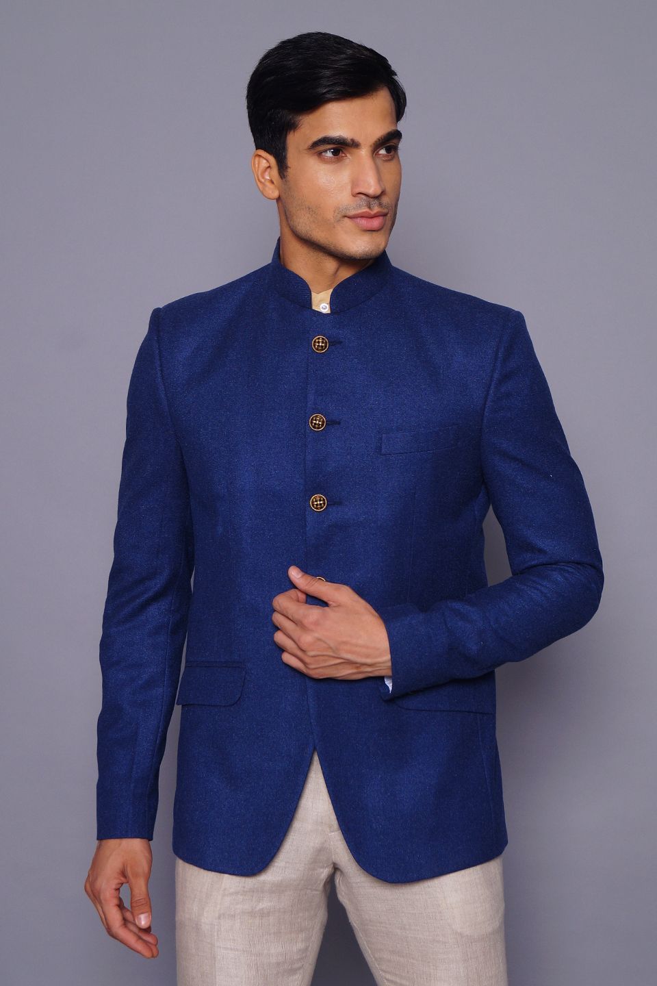 Wintage Men s Wool Casual and Festive Bandhgala Blazer Blue
