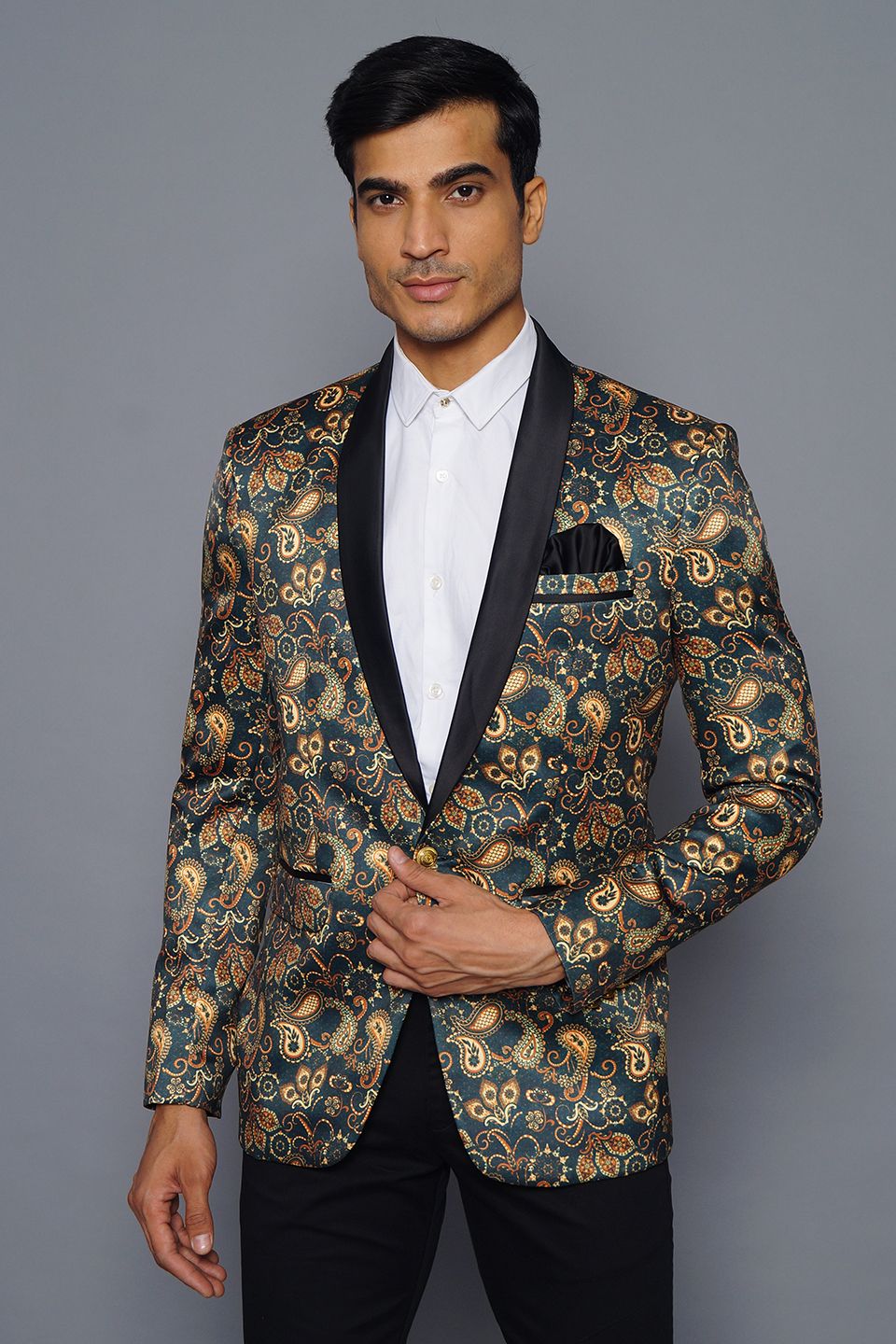 Wintage Men's Polyester Printed Tuxedo Party Blazer Green