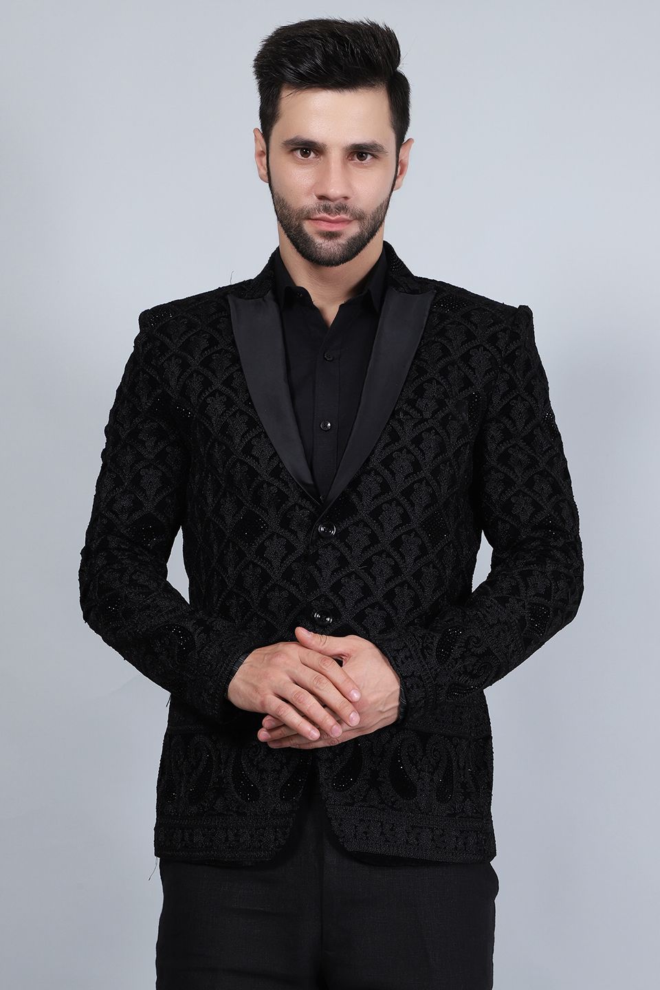 Buy WINTAGE Men's Embroidered Velvet Black Blazer Black