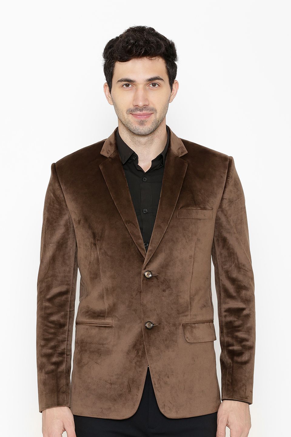 Wintage Men's Cotton Velvet Solid Party Blazer : Brown-1