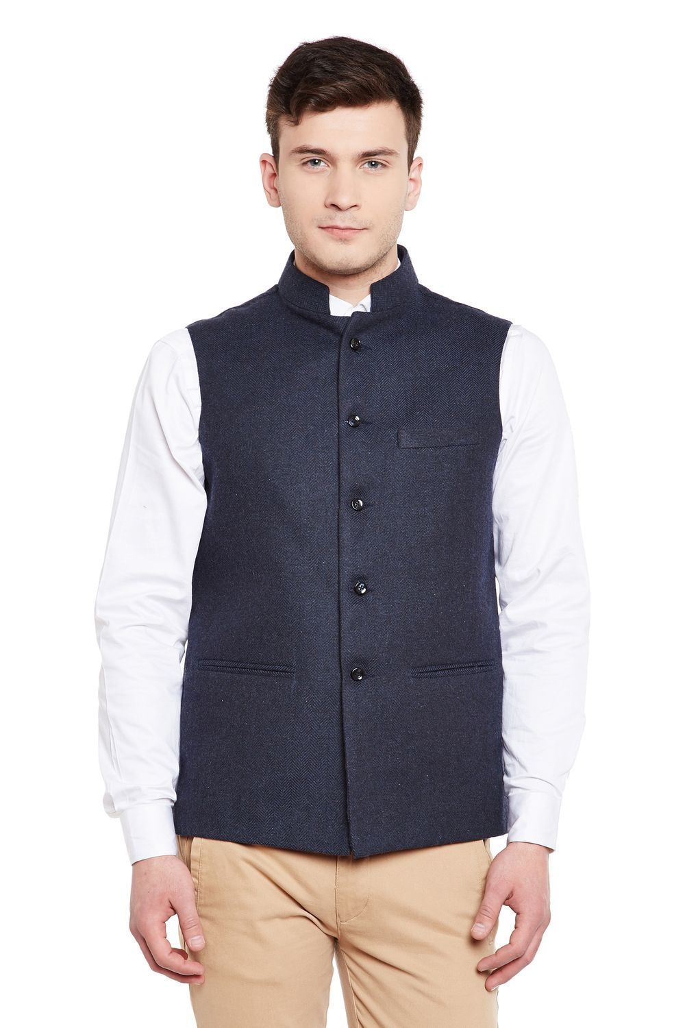 Wintage Men's Wool Blend Grandad Nehru Jacket Vest Waistcoat: Navy