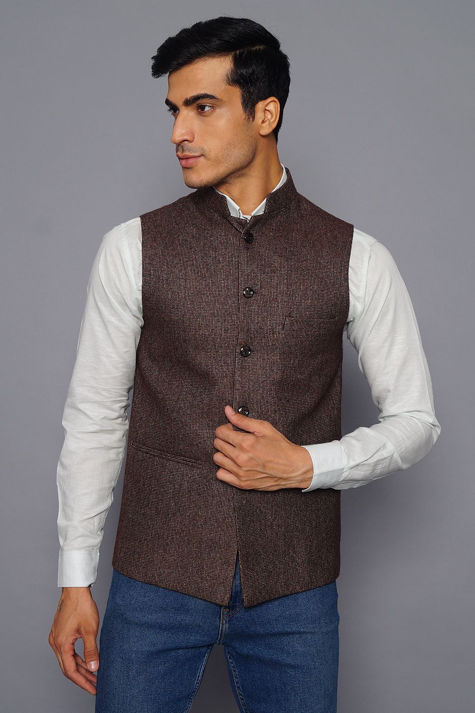 Wintage Men s Tweed Bandhgala Jodhpuri Festive Nehru Jacket Waistcoat Brown