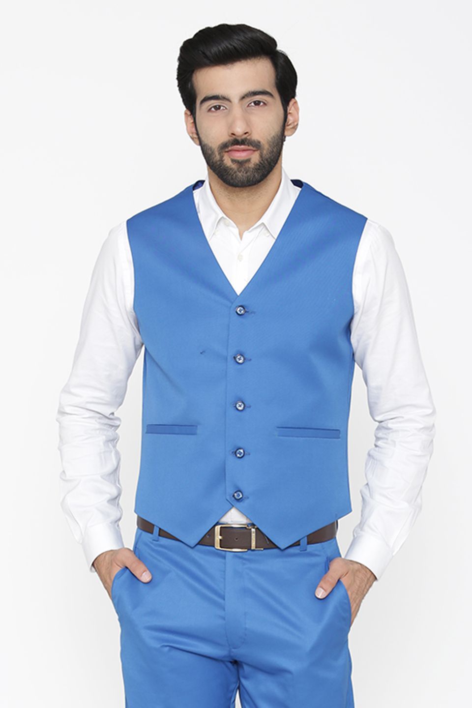 Wintage Men's Polyester Cotton Festive and Casual Vest Waistcoat Blue