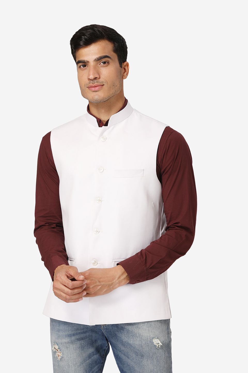 White cotton blend nehru jacket online