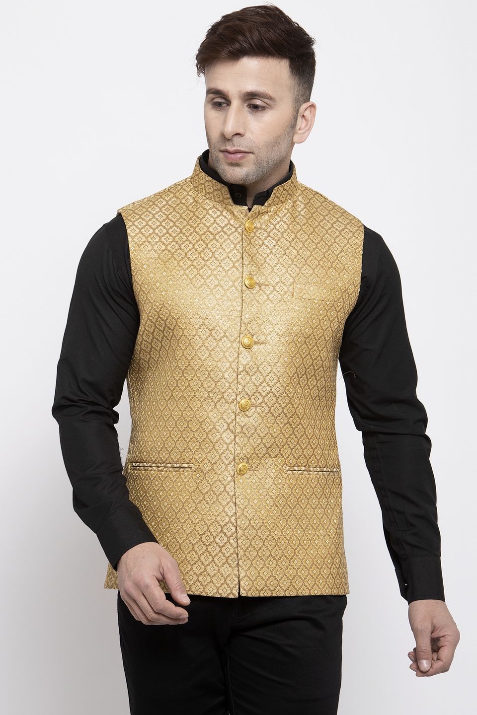 Wintage Men s Banarasi Rayon Cotton Bandhgala Festive Nehru Modi Jacket Waistcoat Gold
