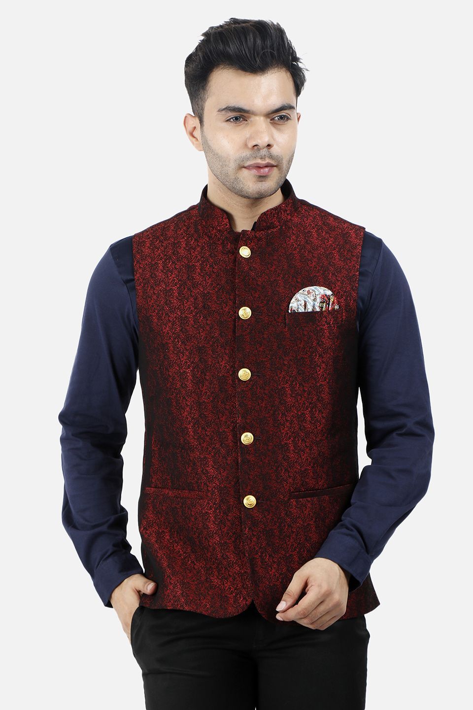 Wintage Men's Jacquard Fabric Bandhgala Jodhpuri Festive Nehru Modi Jacket  Bandi Waistcoat -Red