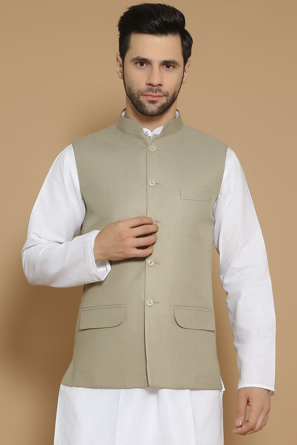 WINTAGE Men s Poly Viscose Beige Modi Nehru Jacket Beige