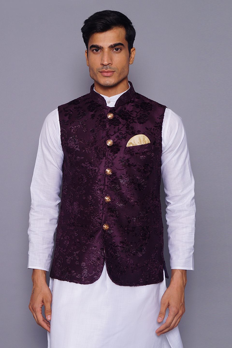 Wintage Men's Embroidered Velvet Grandad Nehru Jacket Purple
