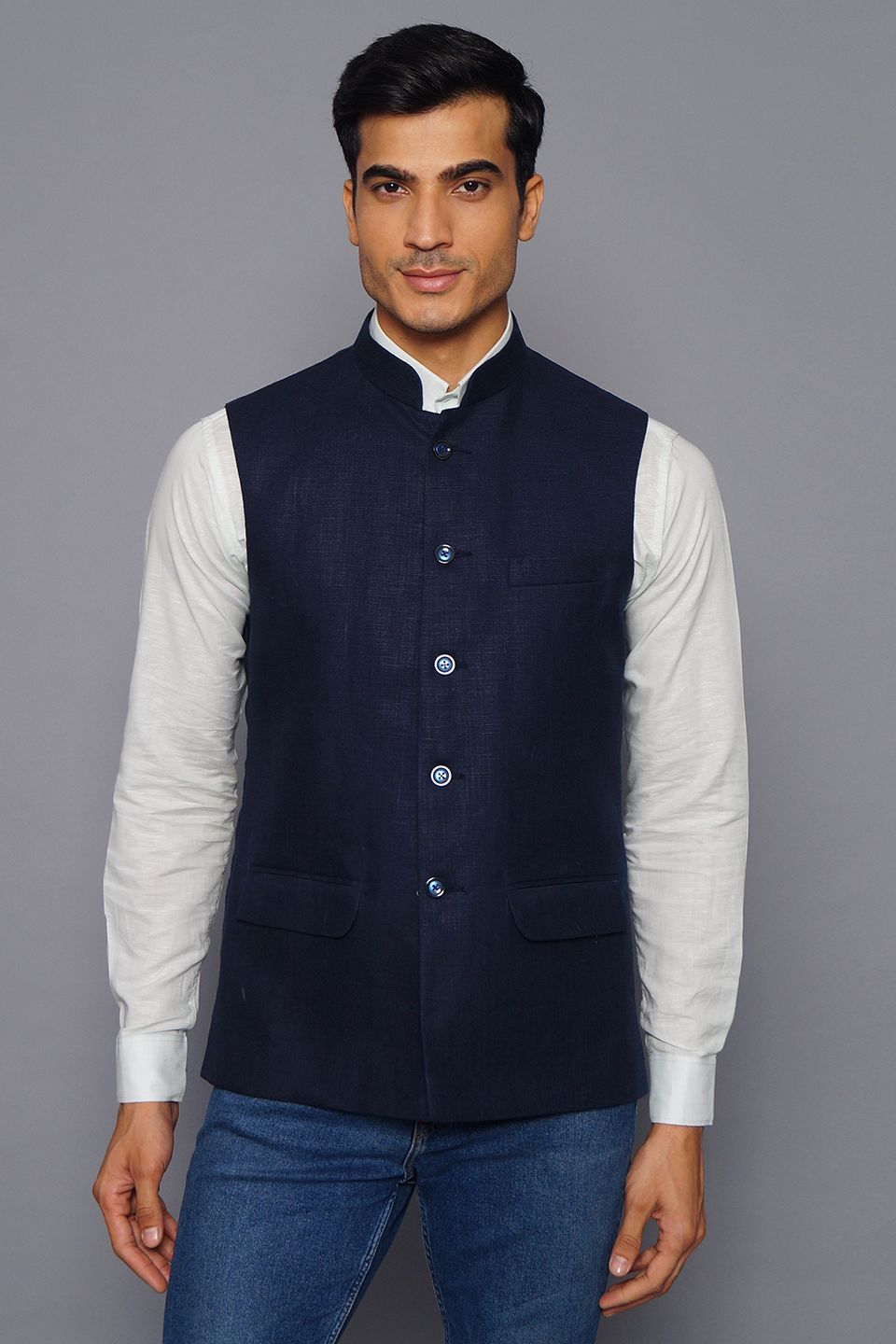 Wintage Men's Pure Linen Nehru Jacket Vest Waistcoat: Blue