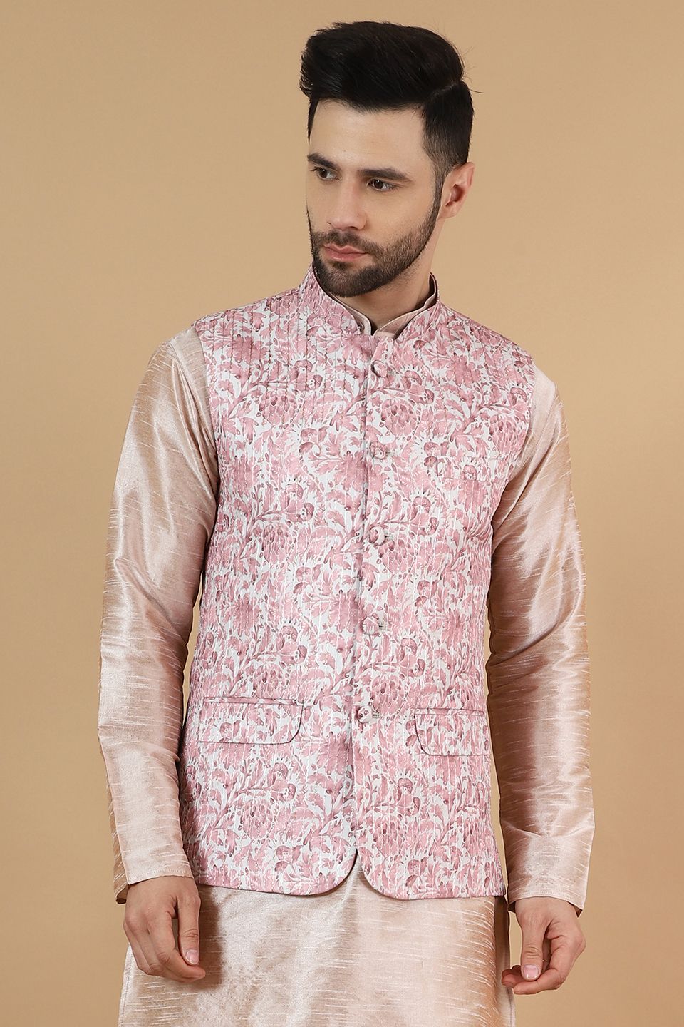 Wintage Men s Digital Print Cotton Silk Pink Modi Nehru Jacket Pink Buy Online