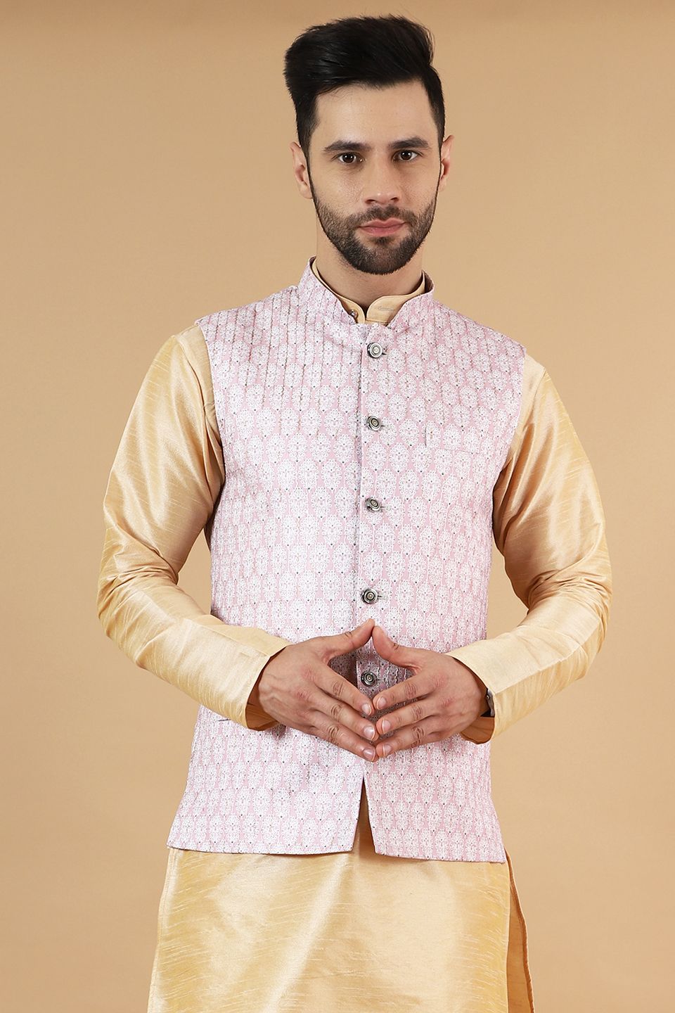 Wintage Men's Digital Print Cotton Silk Pink Modi Nehru Jacket Pink Buy Online