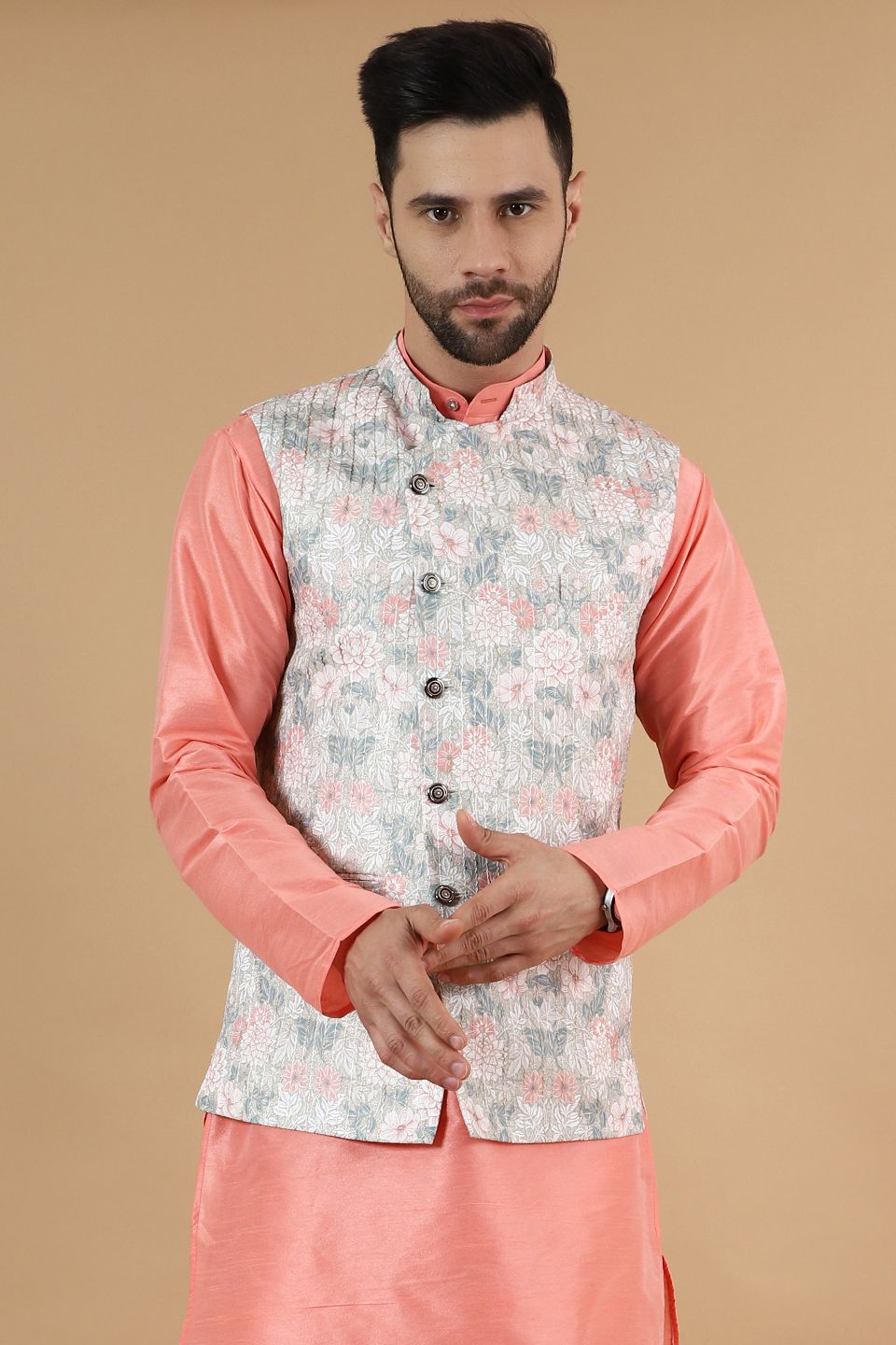 Wintage Men s Digital Print Cotton Silk Pink Modi Nehru Jacket Pink Buy Online
