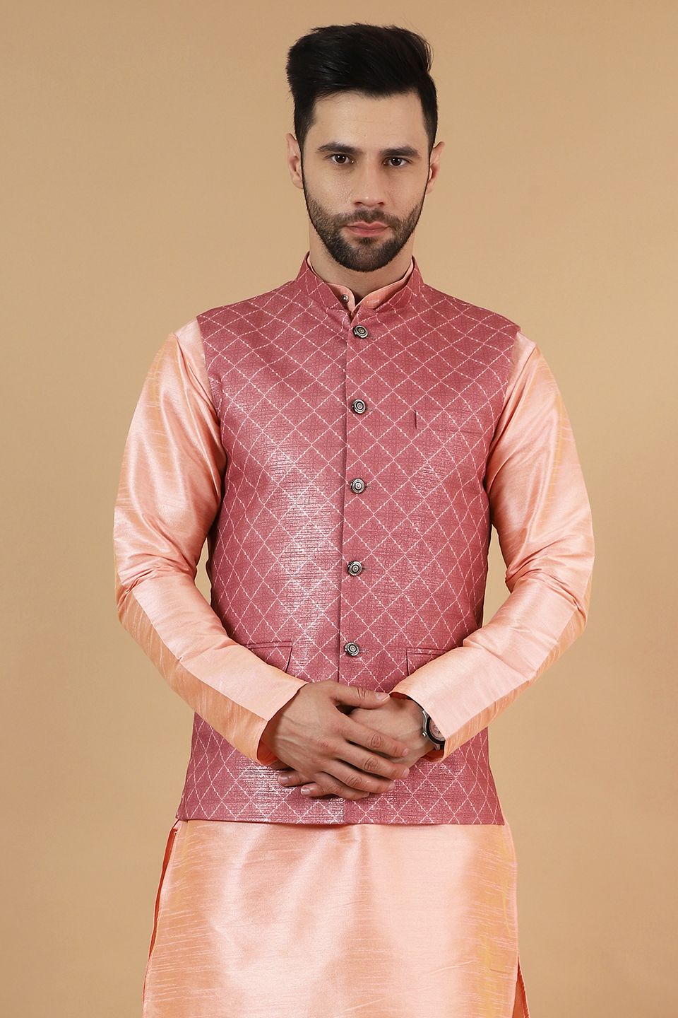 Wintage Men s Digital Print Cotton Silk Pink Modi Nehru Jacket Pink Buy Online