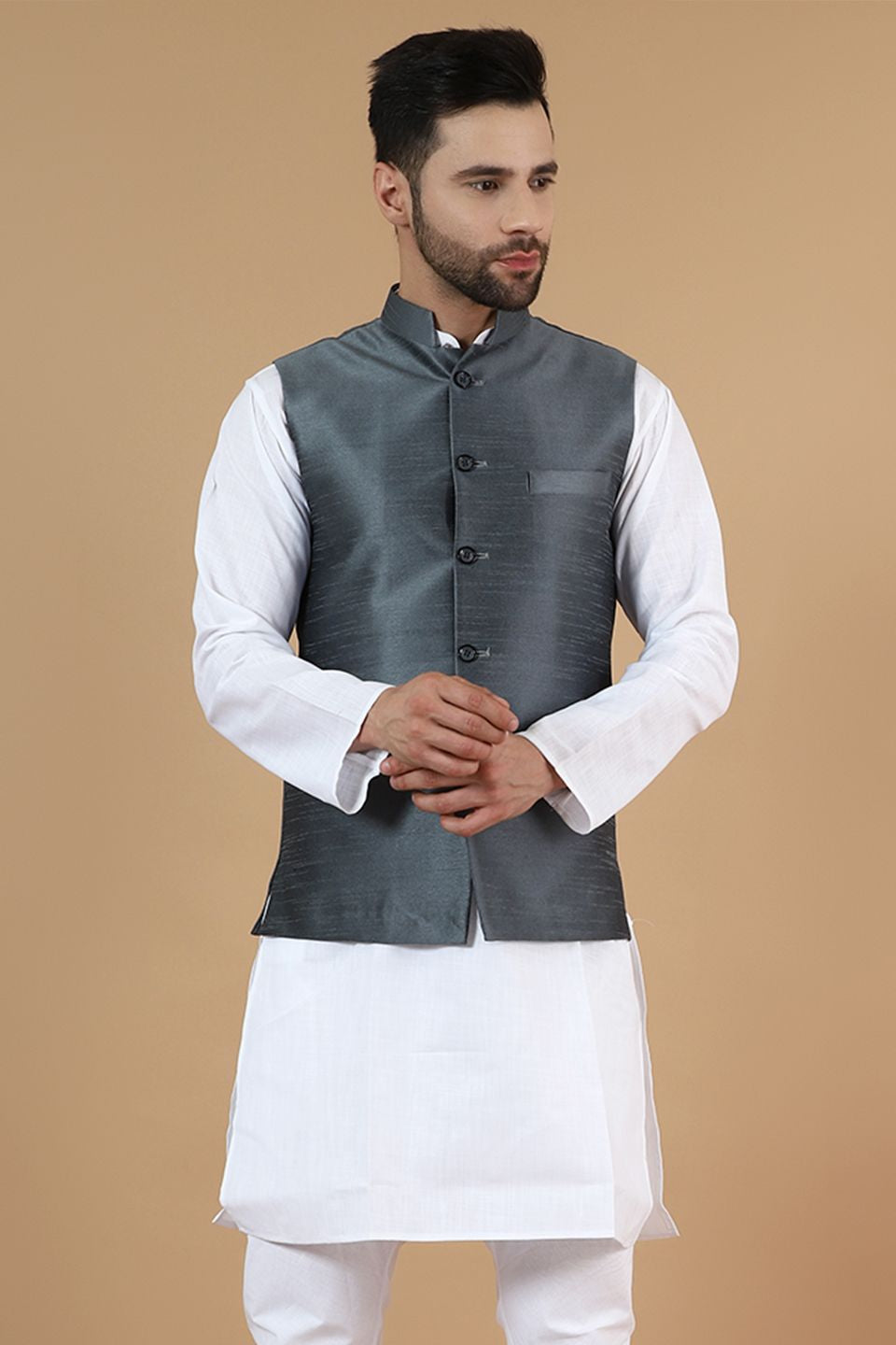 Wintage Men s Digital Print Cotton Silk Grey Modi Nehru Jacket Grey Buy Online