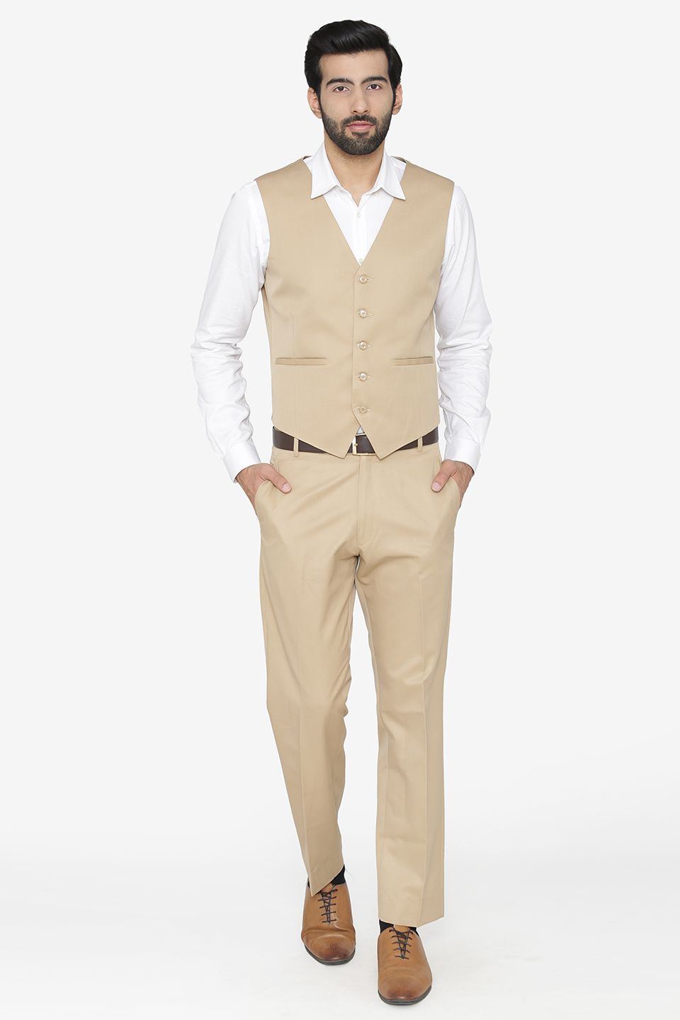 Wintage Men s Polyester Cotton and Evening Vest Pant Set Beige