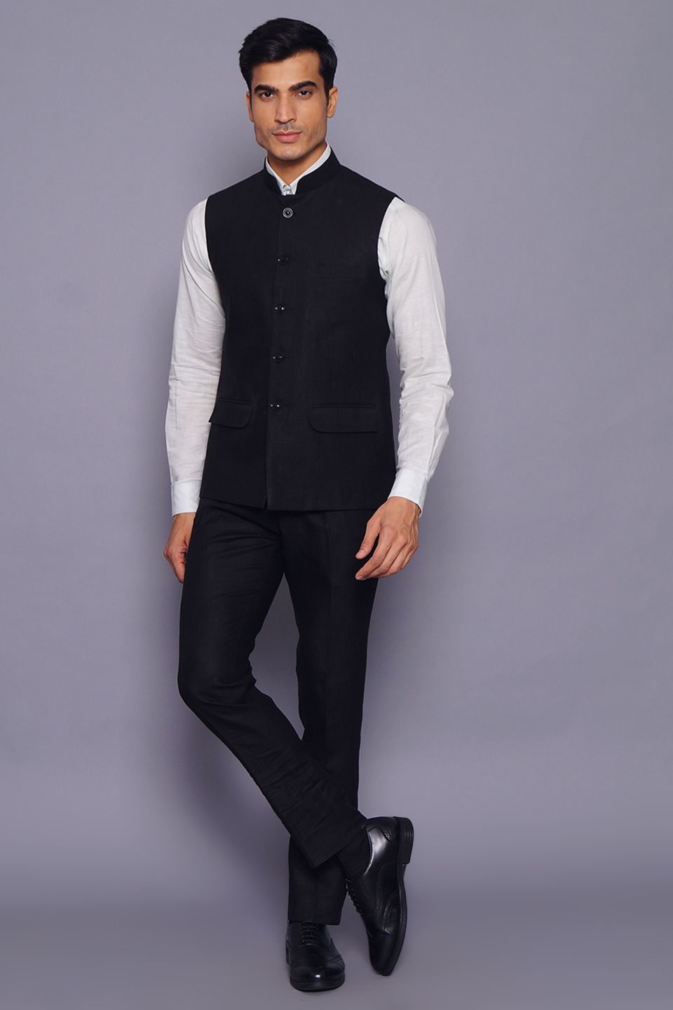 Wintage Men's Pure Linen Vest Pant Set: Black