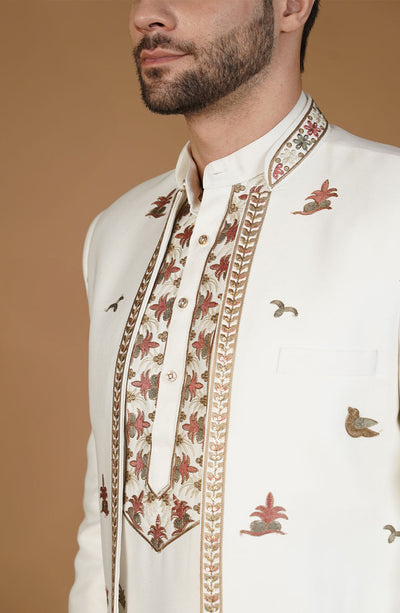 Ethnic Art silk Embroidery White Kurta Set
