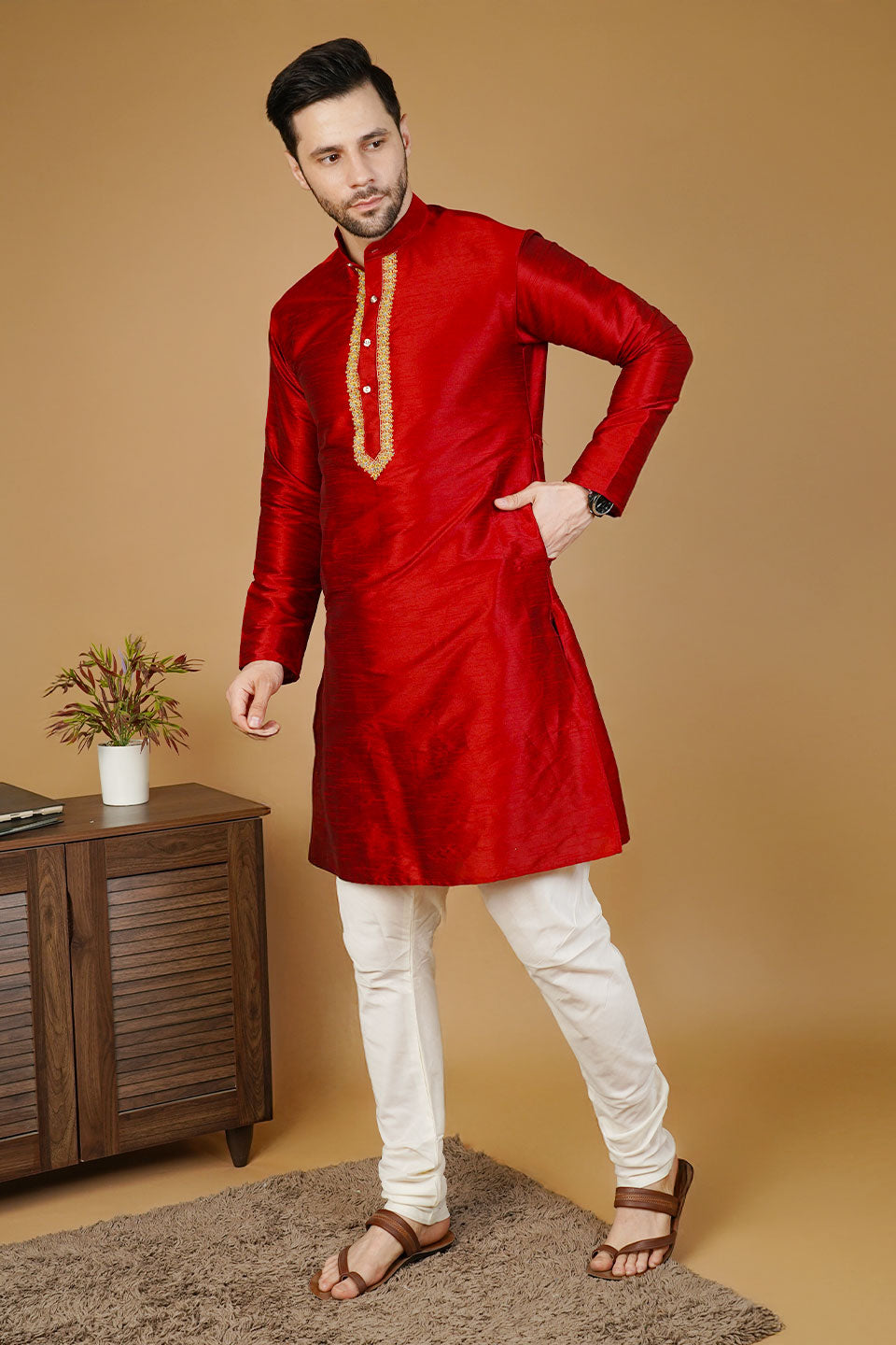 Banarasi Art Silk Red Kurta