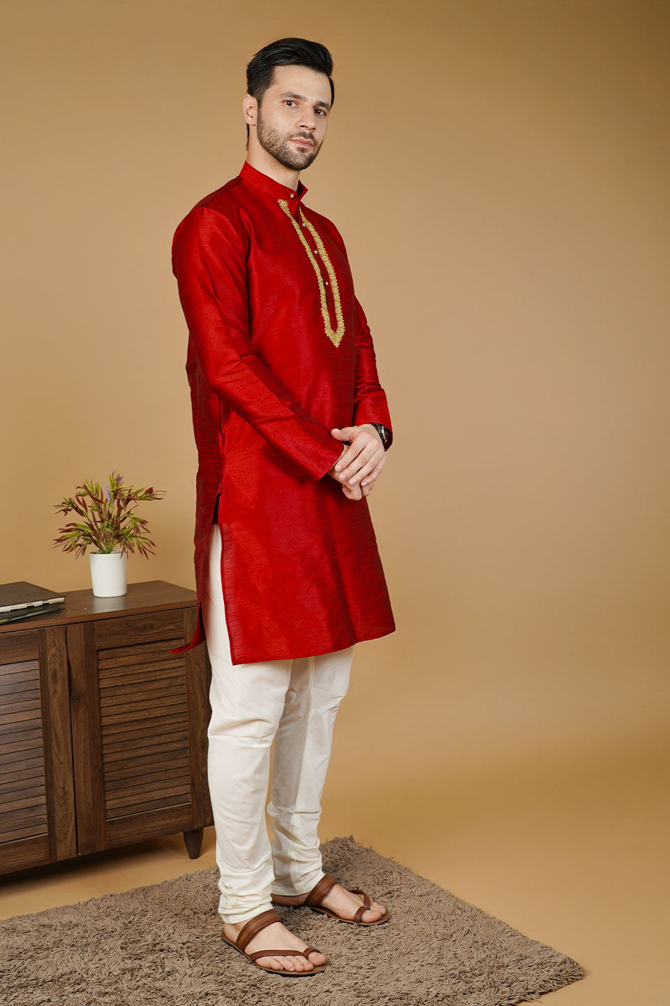 Banarasi Art Silk Red Kurta