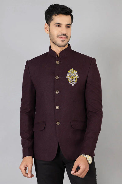 Wool Purple Bandhgala with Embroidery