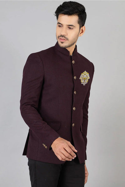 Wool Purple Bandhgala with Embroidery