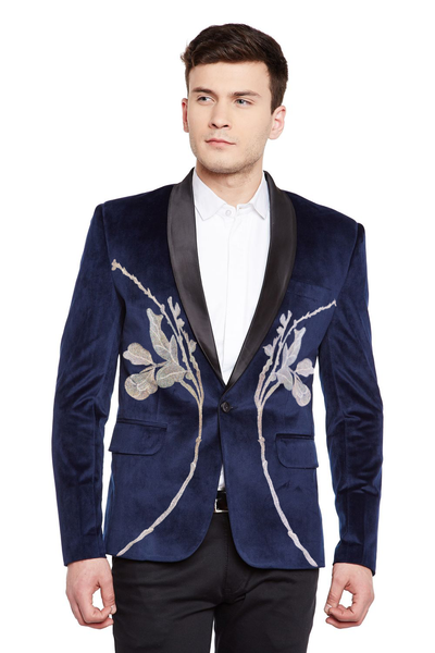 Dust Free Velvet Blue Tuxedo with Silver Embroidery