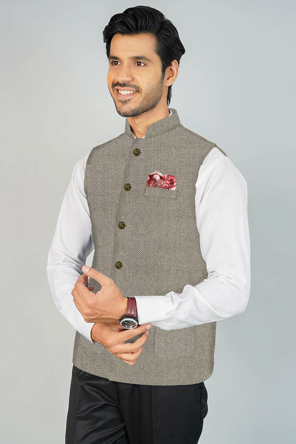 Wintage Men's Tweed Wool Festive and Casual Nehru Jacket Vest Waistcoat : Grey