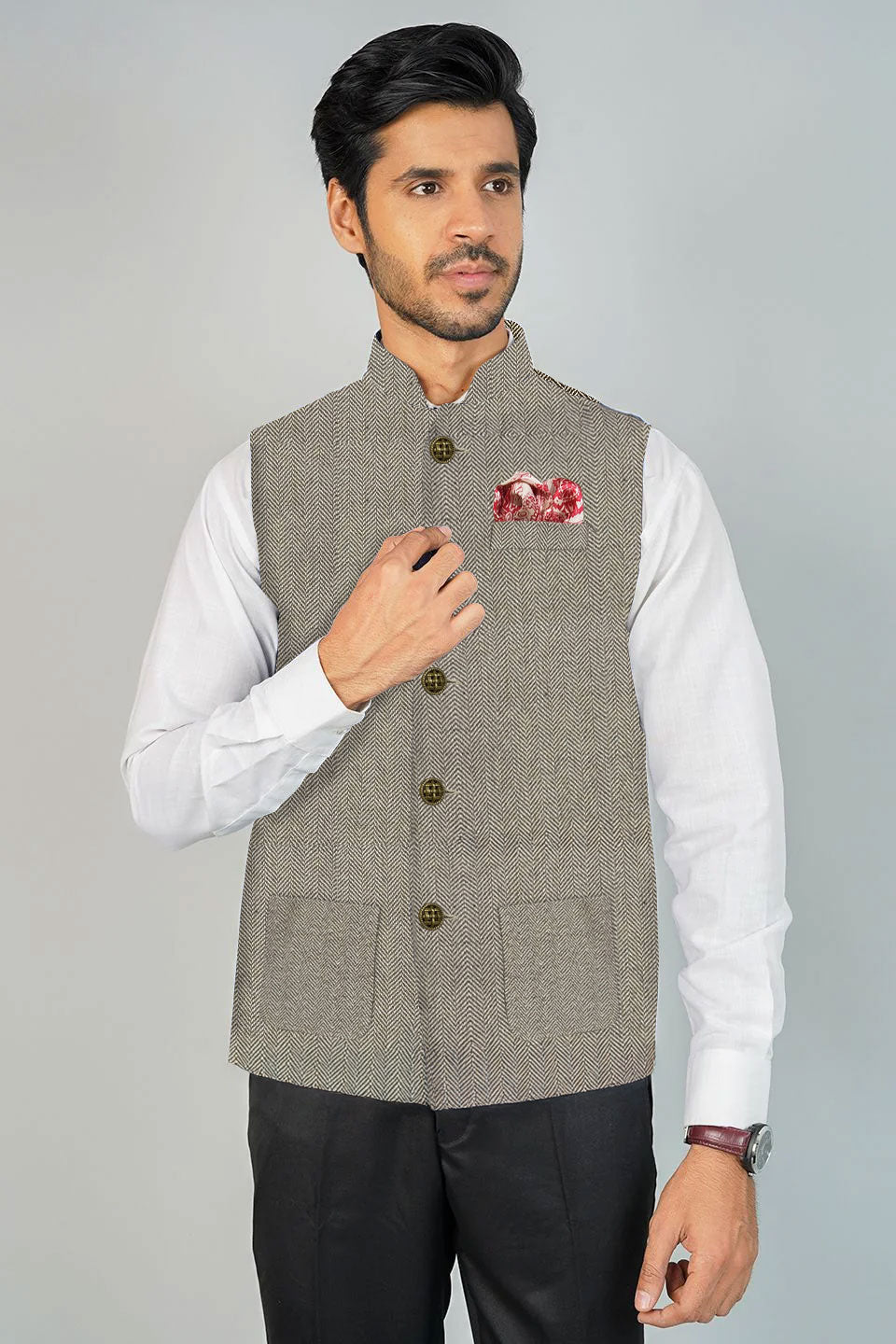 Wintage Men's Tweed Wool Festive and Casual Nehru Jacket Vest Waistcoat : Grey