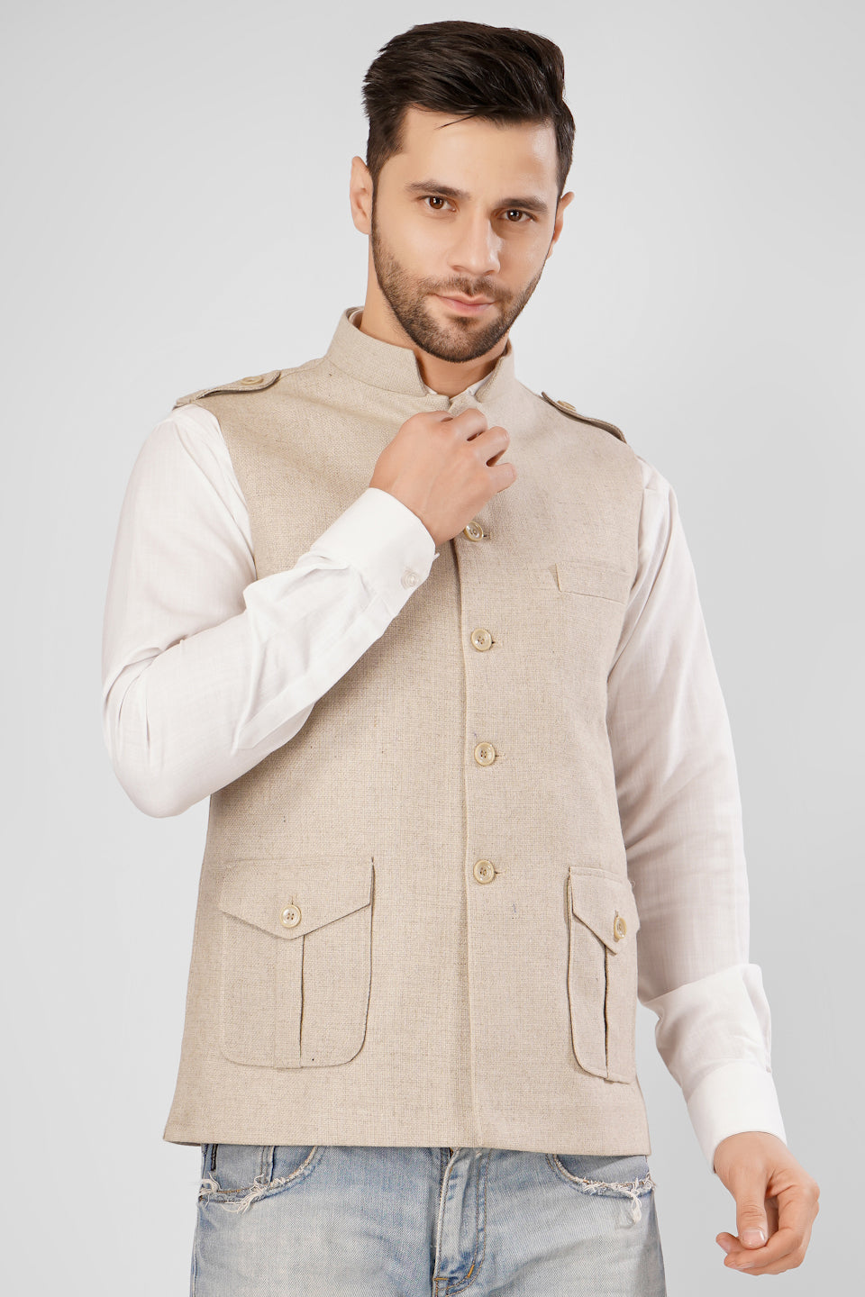 Buy Wintage Men's Tweed wool Cream Nehru Jacket