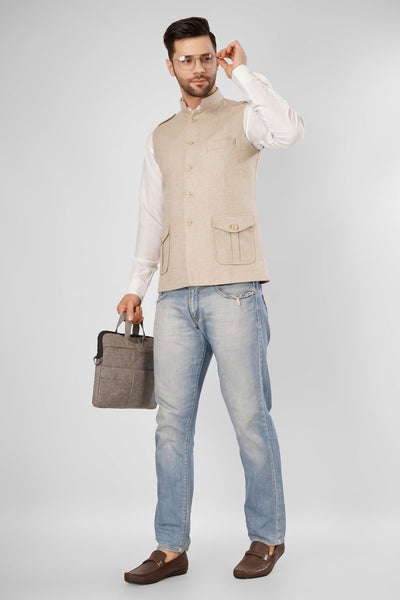 Tweed wool Cream Nehru Jacket