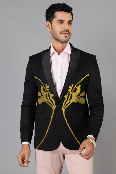 Polyster Cotton Black Tuxedo Blazer with Gold Embroidery