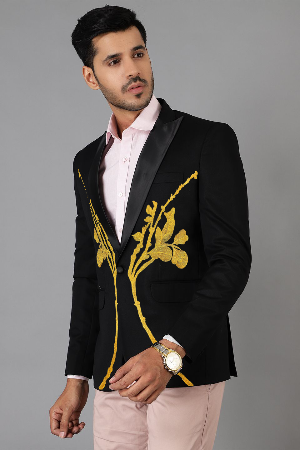 Polyster Cotton Black Tuxedo Blazer with Gold Embroidery