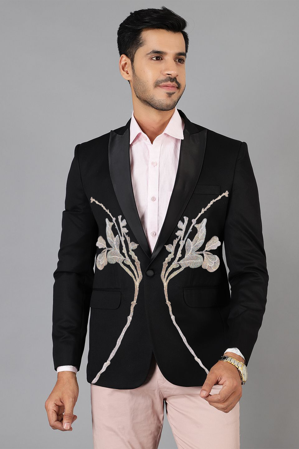 Polyster Cotton Black Tuxedo Blazer with Silver Embroidery