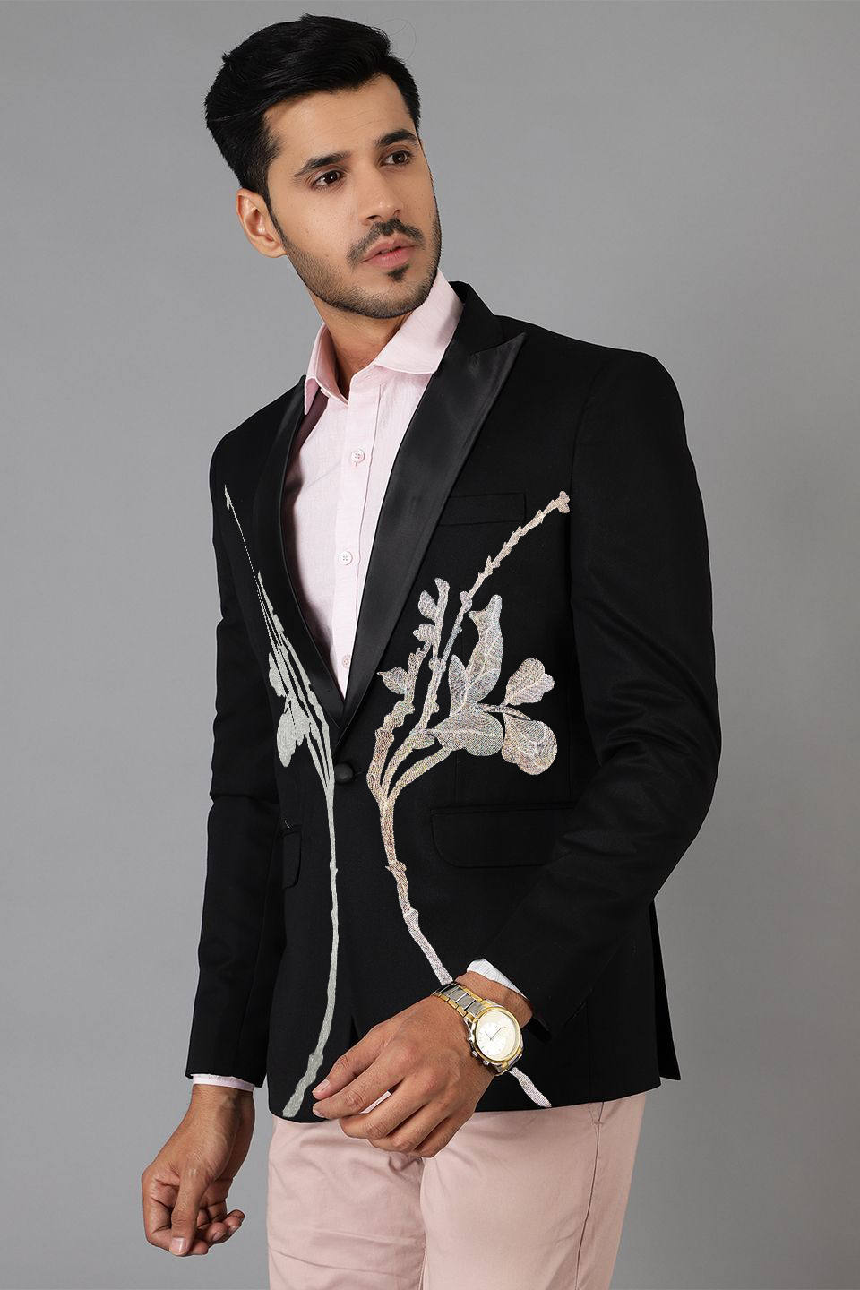 Polyster Cotton Black Tuxedo Blazer with Silver Embroidery