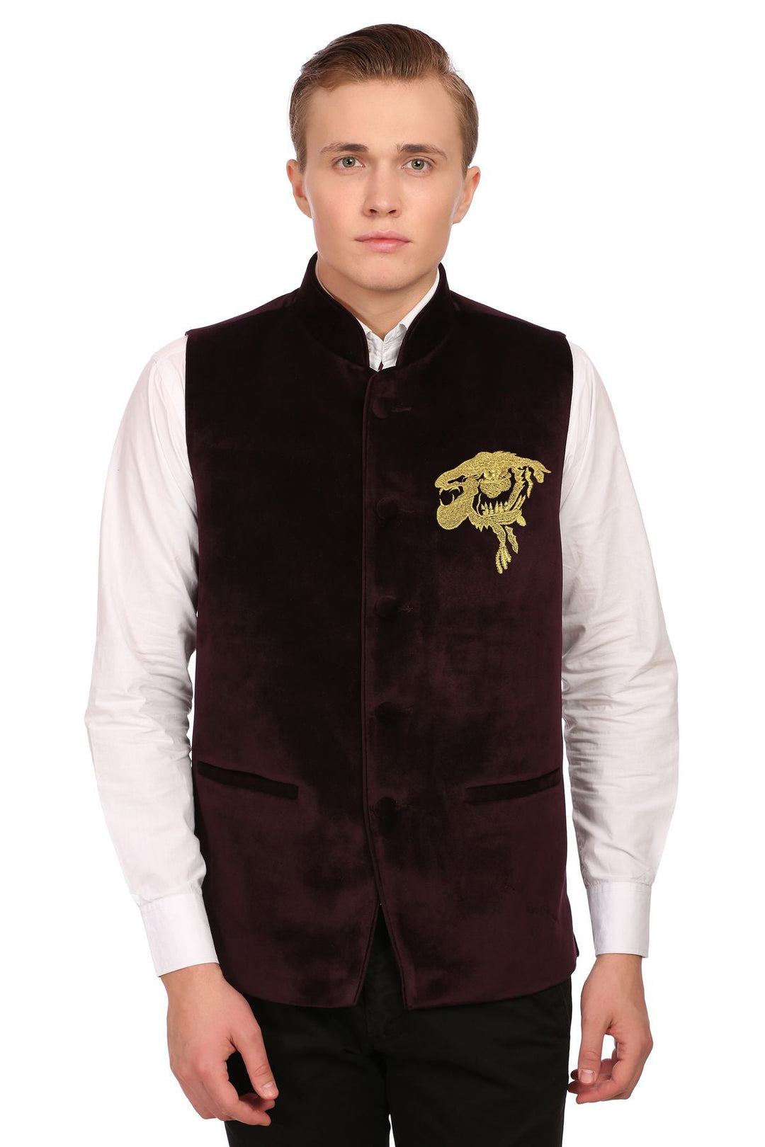 Wintage Men's Velvet Grandad Collar Festive Wine Nehru Jacket Vest Waistcoat