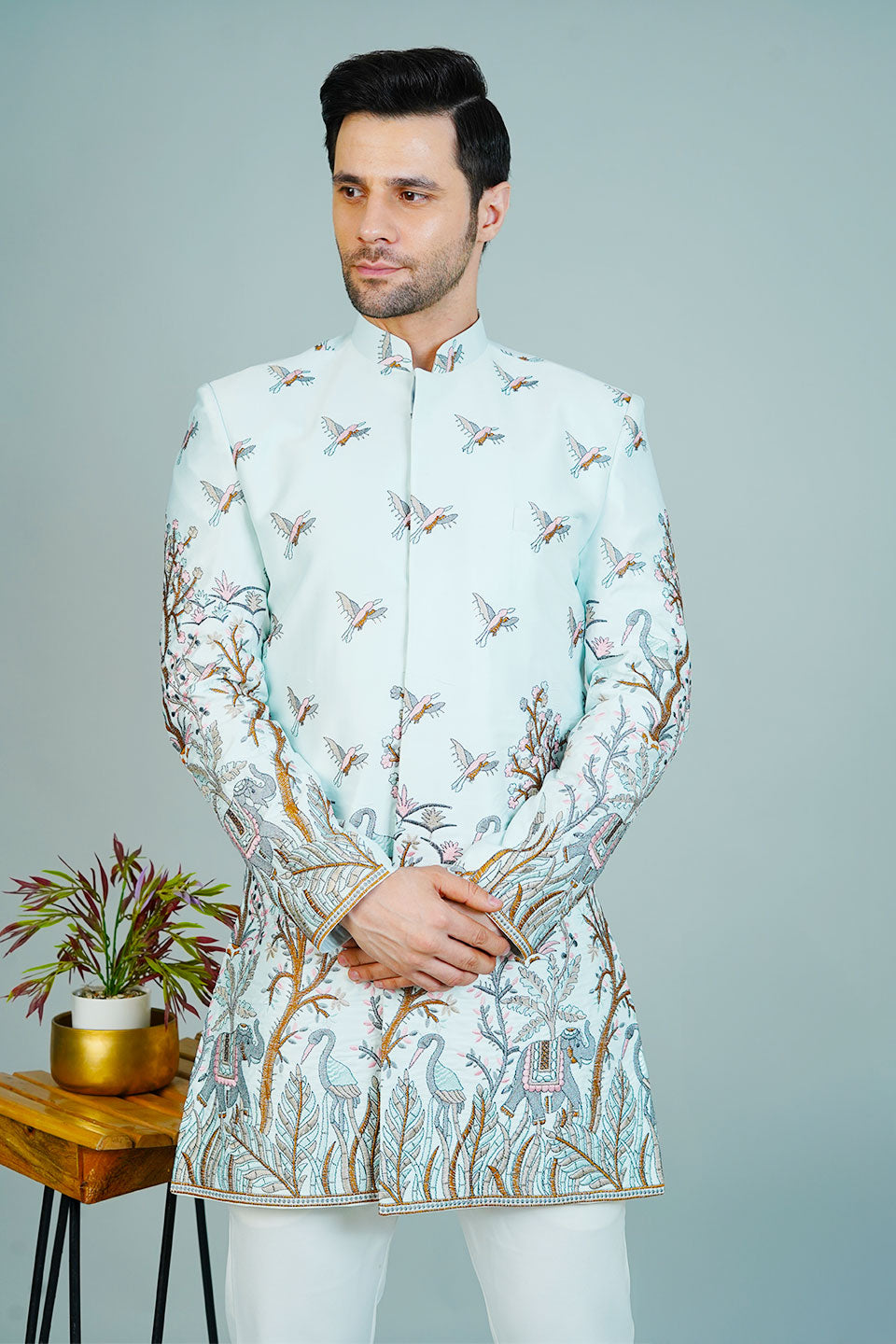 Polyester Satin Blue Bandhgala