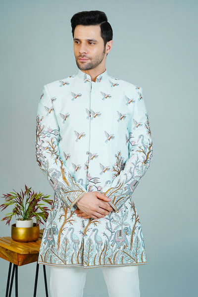 Polyester Satin Blue Bandhgala