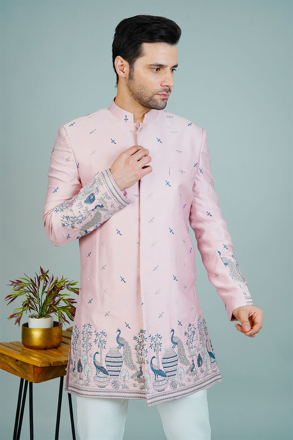 Polyester Satin Pink Bandhgala